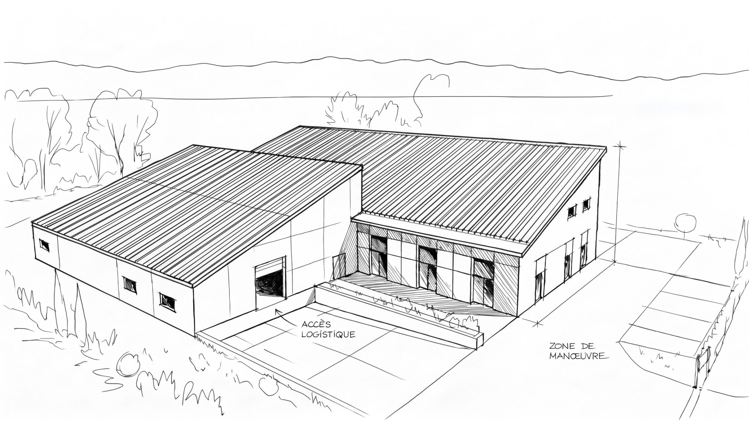 Croquis d’architecte du bâtiment, accès logistique et zone de manœuvre